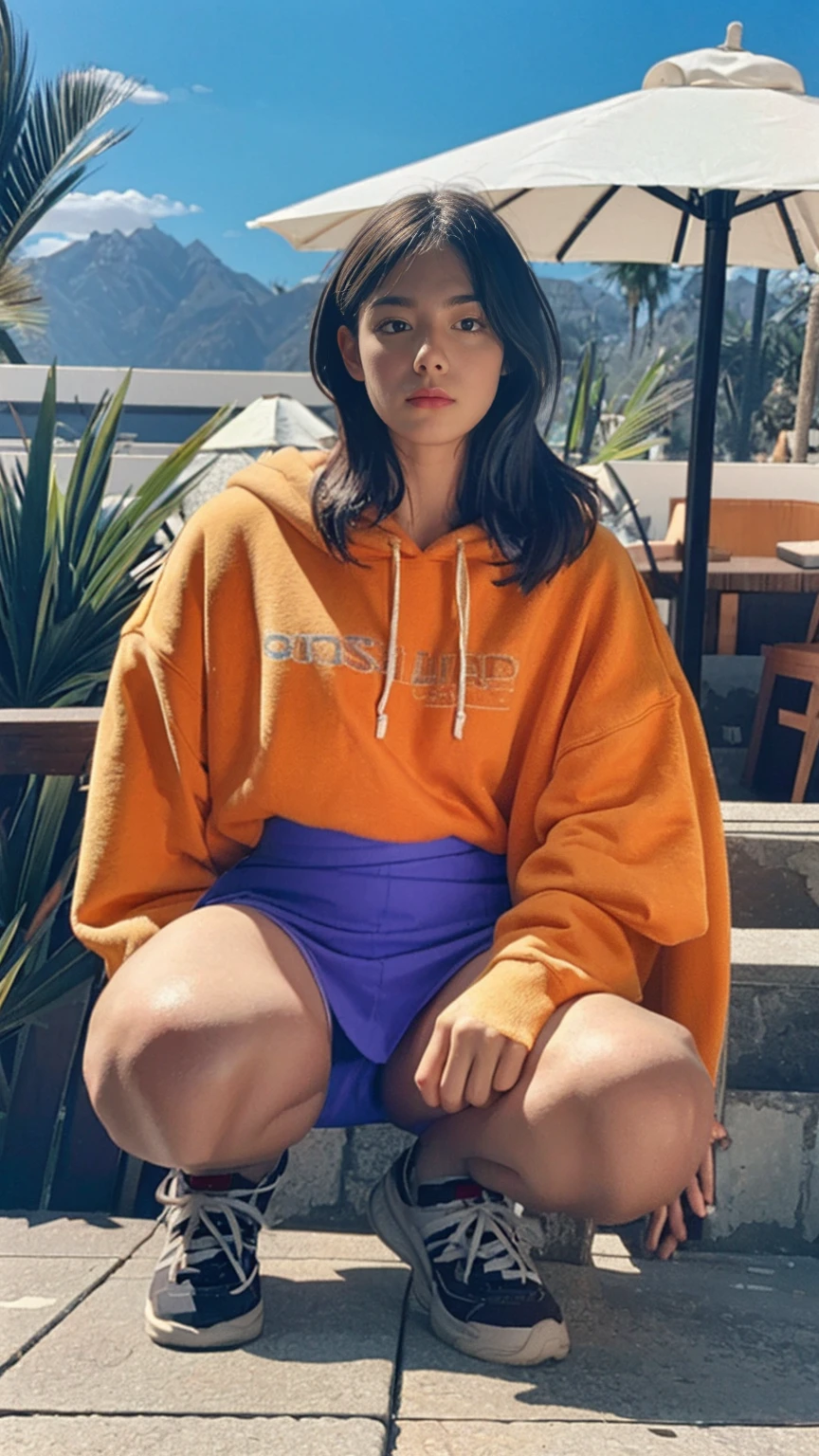 1 girl, wear ((orange oversized hoodie)), wear ((purple tennis skirt)),looking front,Best Quality,Masterpiece,Ultra High Resolution,(Realisticity:1.4),Original Photo, 1Girl, light leak,ultra high resolution,UHD,beautiful, black bob hair, almond eye, no makeup, in front of (80's mondrian architecture motel), (realistic:1.2), (surreal:1.3), (very detailed:1.1), ((masterpiece)),summer, blue sky, palm trees,sunny, los angles vibes