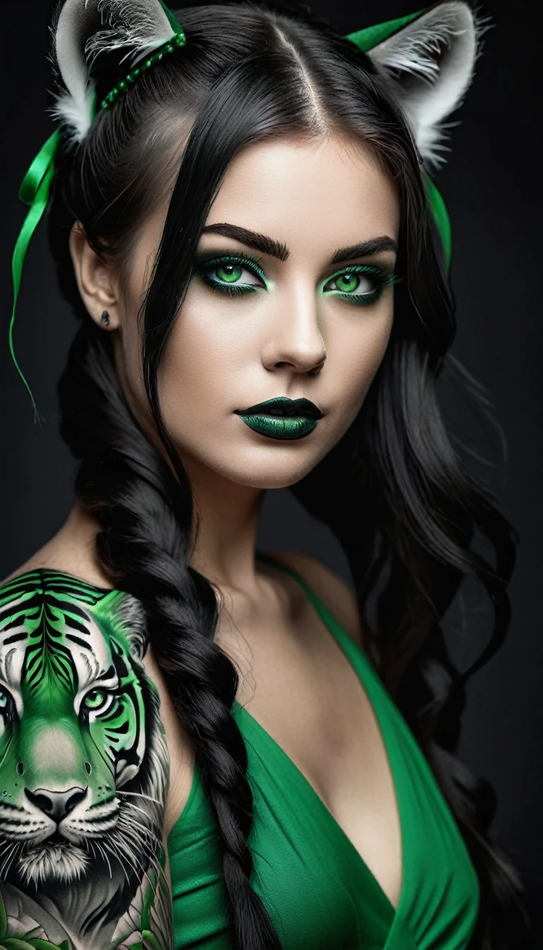 ((Monochrome, monochromeXL:1.4), Photo noire et vert), Sublime femme 30ans avec deux très longues queues de cheval :1.8, double queues de cheval : 1.8, double twin ponytails : 1.8, twin tails,(sur le bras un sublime tatouage représente le dos d'un tigre à deux queues : 1.8), Lèvres détaillées, Yeux détaillés, regard intense, cils détaillés, visage détaillé, long cheveux vert foncé, visage de séduction, ((maquillage vert)), ((((sur le bras un tatouage fin représentant le dos d'un tigre avec deux sublime queues : 1.5 )))), photo du milieu du corps, ((porte un costume)),(( photo noir et blanc et vert, only black and white and green photo)), (((photo noir et blanc et vert, only black and white and dark green photo, le maquillage et les cheveux, b/w, B&W,long twin ponytails)))