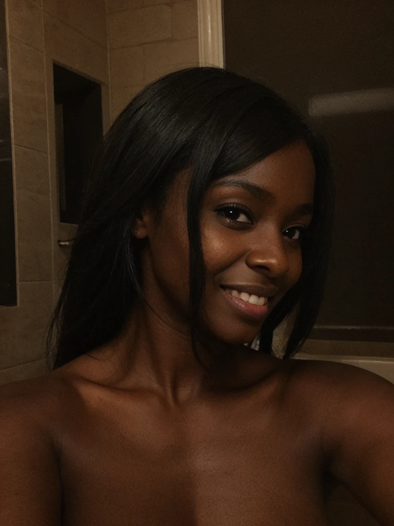 Asha, 1girl, solo, (((Ebony))), (((Dark skin))), (((SFW))), (((non-explicit))), 30 years old, (mature), nude and naked, upper body and upper legs, smiling, medium long hair, inside a dark kitchen at night, leaning, (((wide shot)))