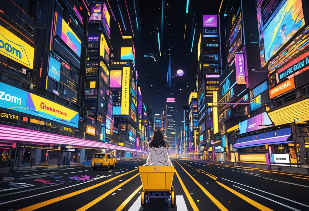 (((zoom out))),8K,((Highest quality)),((high-res)),((shot from behind)),night,She stands front of a black world,dreaming,feather,shiny,gritter,colorful,thank you!