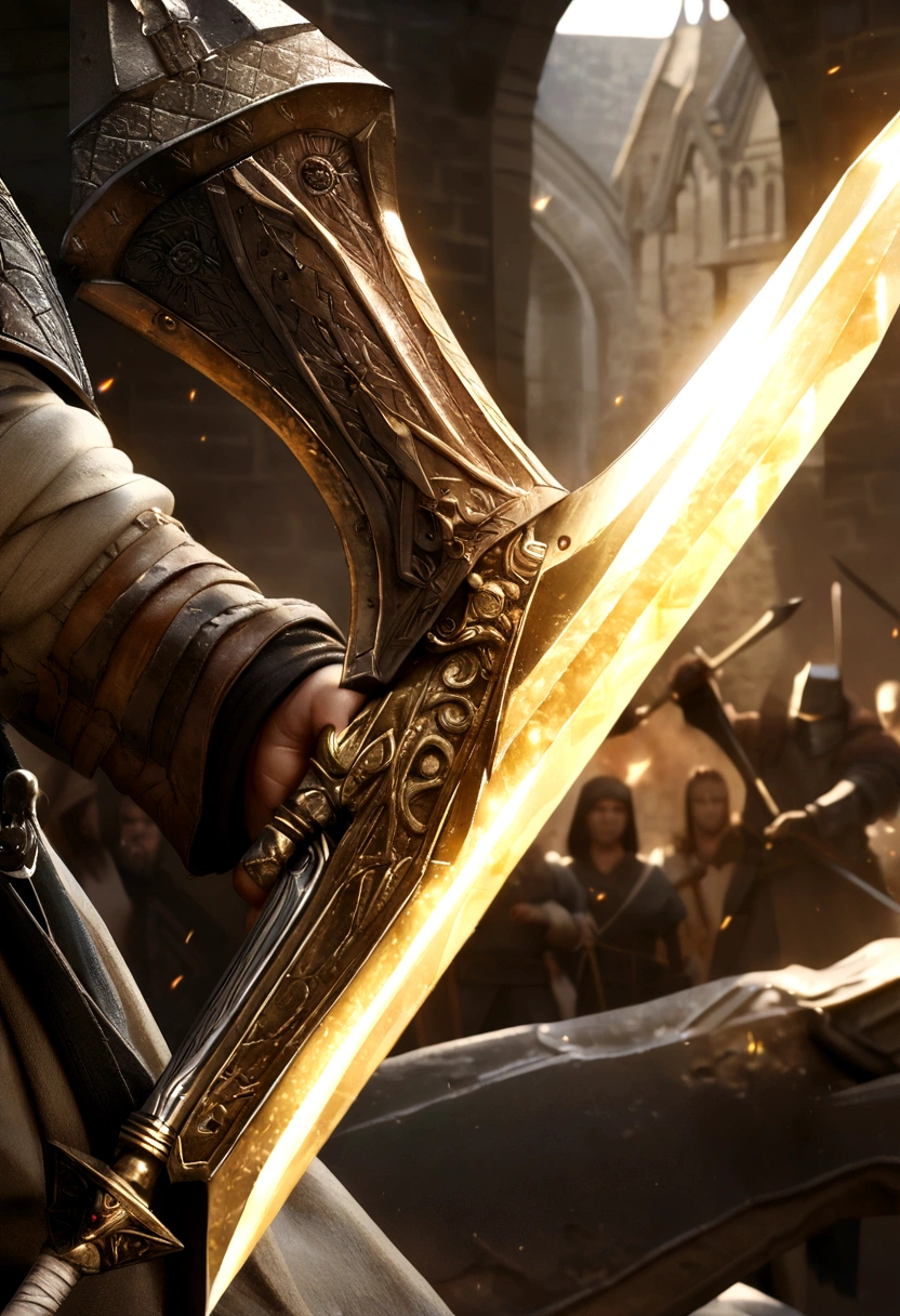 a futuristic spear with stars and dark patterns, a bright golden ethereal blade, glowing sharp peaks, pike-like blade shape, ray-traced blade, sword, luminous triggerfish, intricate fantasy spear, battle weapon, medieval spear, magical fury, realistic pike, meteorite iron
