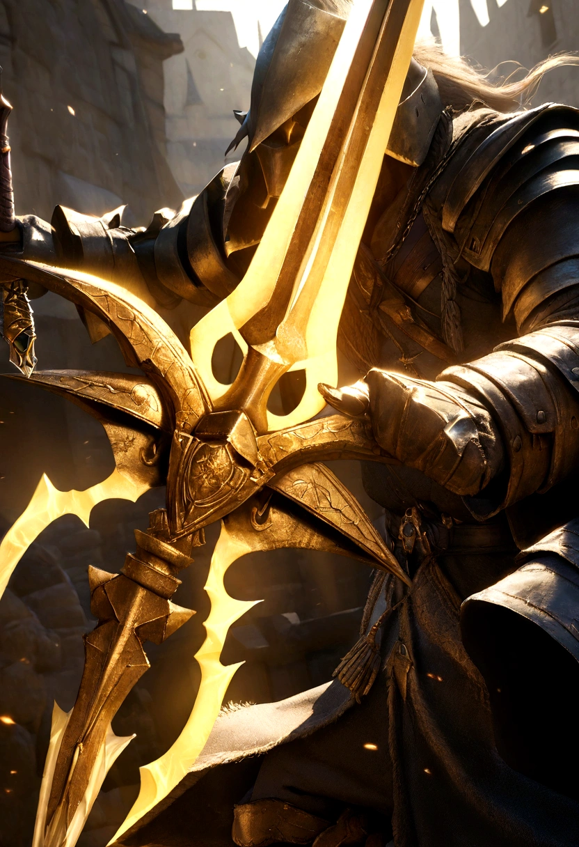 a futuristic spear with stars and dark patterns, a bright golden ethereal blade, glowing sharp peaks, pike-like blade shape, ray-traced blade, sword, luminous triggerfish, intricate fantasy spear, battle weapon, medieval spear, magical fury, realistic pike, meteorite iron