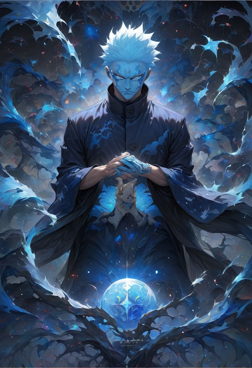 (masterpiece:1.3),(Highest quality:1.4),(Very detailedな:1.5),High resolution,Very detailed,8K,wallpaper,(One boy,gojou satora,JUJUTSU KAİSEN),artwork,(The background is an infinite universe with red and blue tones)