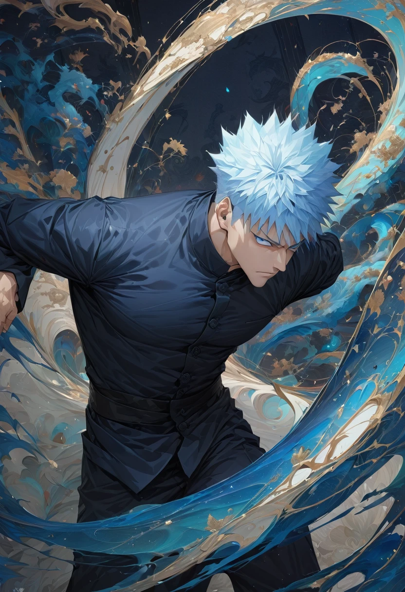 (masterpiece:1.3),(Highest quality:1.4),(Very detailedな:1.5),High resolution,Very detailed,8K,wallpaper,(One boy,gojou satora,JUJUTSU KAİSEN),artwork,（The background is an infinite universe with red and blue tones）