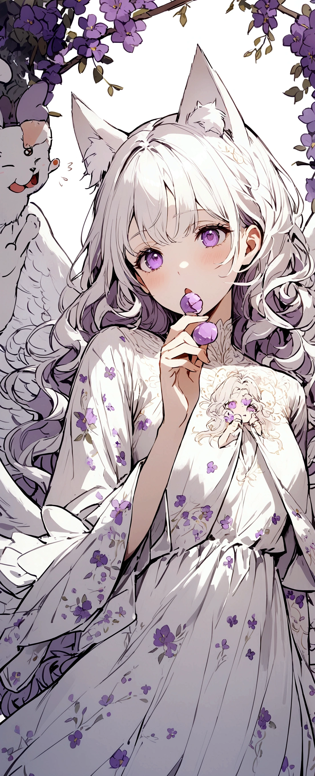 Wink,Long Wavy Hair,White hair is very attractive, Detailed and precise manual work, Attractive girl, White cat ears,Purple eyes and white eyelashes,light in your eyes,Big angel wings,Looking at the sweets, he is gazing at them with his mouth open in gusto,A delicate, flowing white dress with purple floral print, Hand-drawn illustration,Broad background,