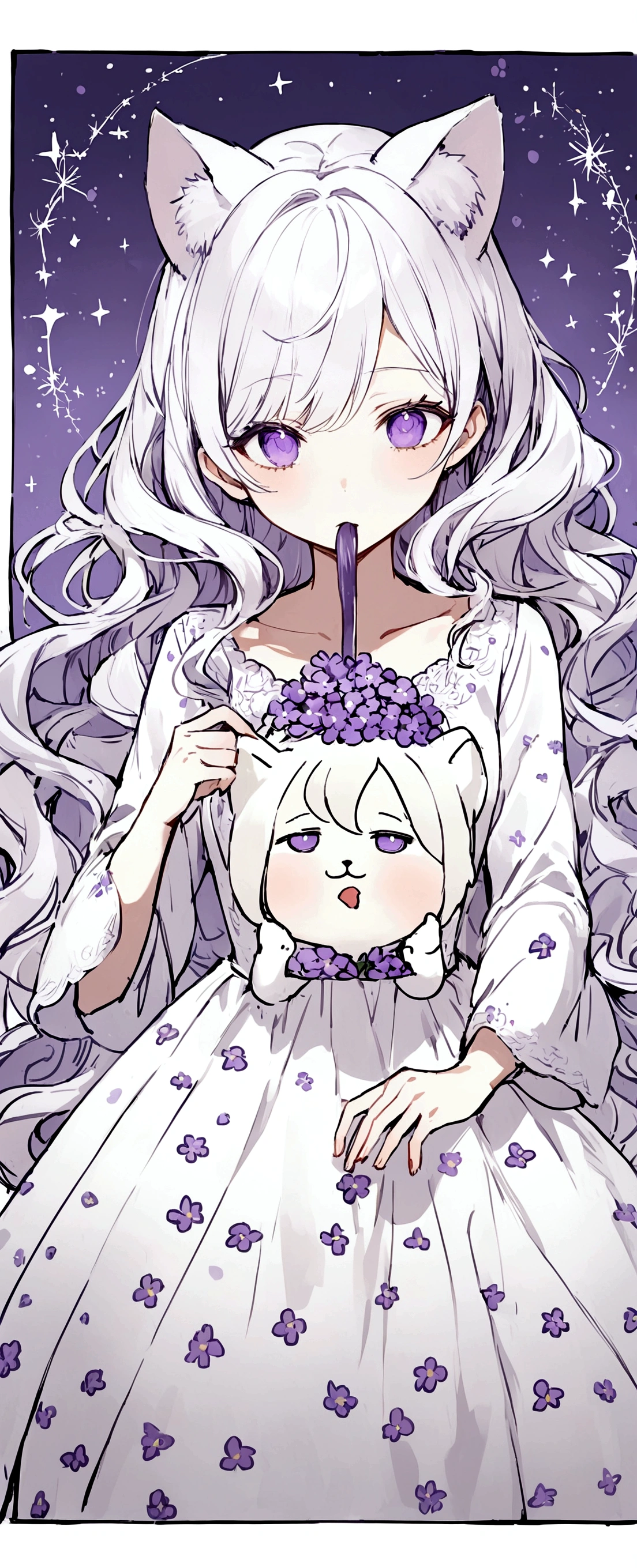Wink,Long Wavy Hair,White hair is very attractive, Detailed and precise manual work, Attractive girl, White cat ears,Purple eyes and white eyelashes,light in your eyes,Big angel wings,Looking at the sweets, he is gazing at them with his mouth open in gusto,A delicate, flowing white dress with purple floral print, Hand-drawn illustration,Broad background,