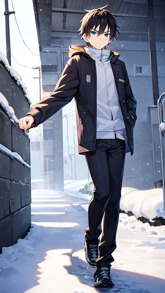 anime,A  boy dynamic pose in the cold snow,Serious anime, serious face, walking in the snow