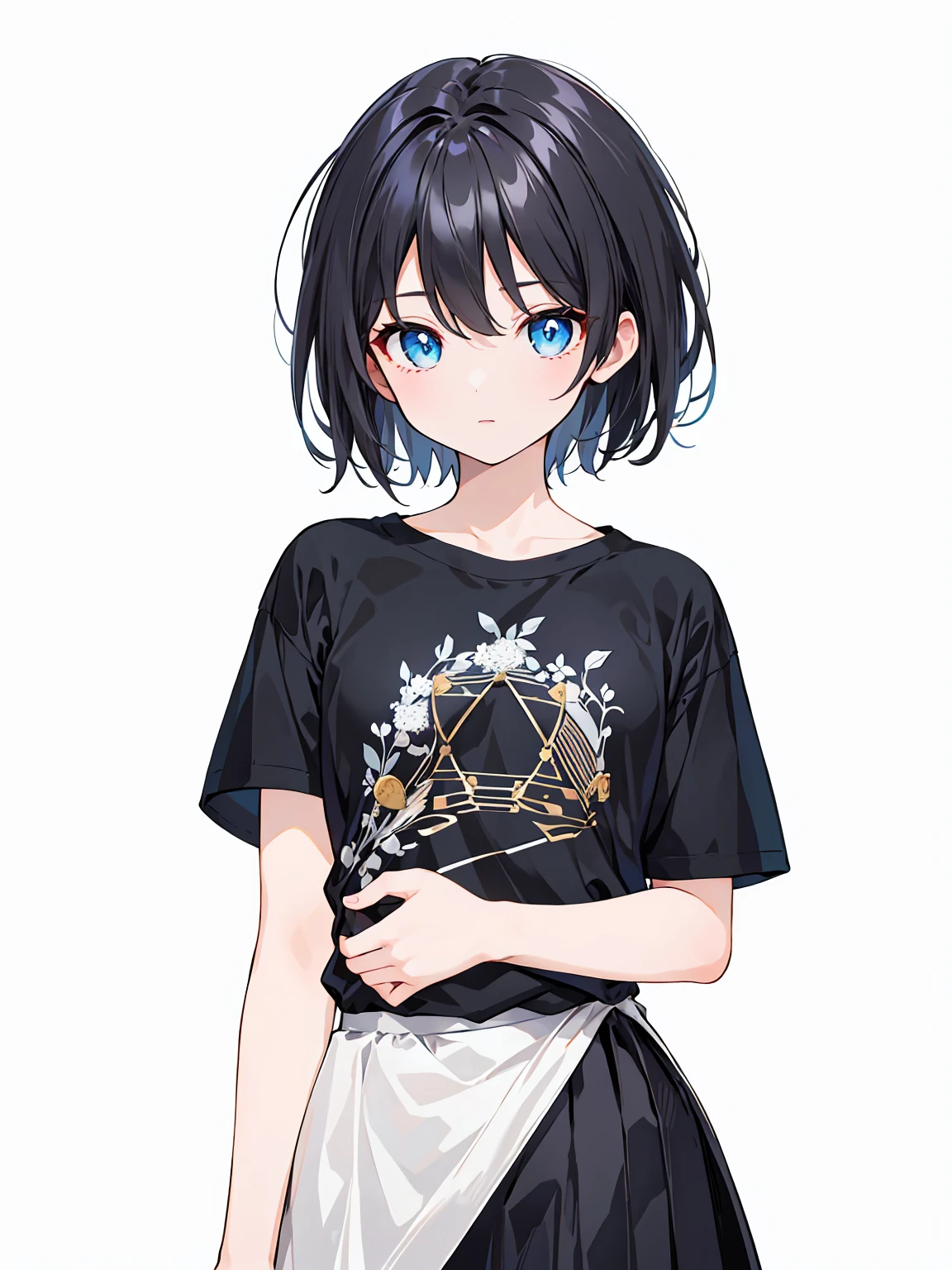 1girl, solo, blue eyes, (detailed eyes), flat chest, short hair, black hair, ((black t-shirt)), simple t-shirt, black skirt, black socks, standing, upper body, (white background), Transparent background, looking down, ((masterpiece, illustration, best quality)) 