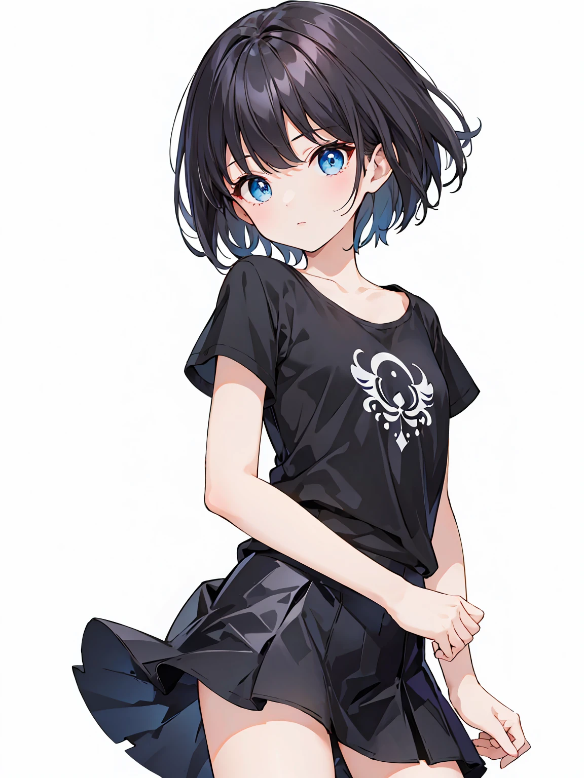 1girl, solo, blue eyes, (detailed eyes), flat chest, short hair, black hair, ((black t-shirt)), simple t-shirt, black skirt, black socks, standing, upper body, (white background), Transparent background, looking down, ((masterpiece, illustration, best quality)) 