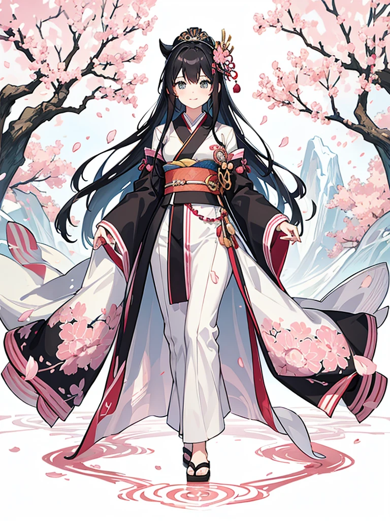 best quality, character design sheet, adult woman、No hat on, Black and pink hair, whole body, Head to Toe, Fortuneteller、Standing facing forward, Beautiful black dress, long Black Hair, whole body, Pure white background, from front, best quality, Standing pose、Cherry blossom pattern、adult、Japanese、Clear eyes、Adult Japanese、Clear eyes、Standing facing forward、The face is facing forward、holding a magic card in hand、White background、Smiling face、Black western dress