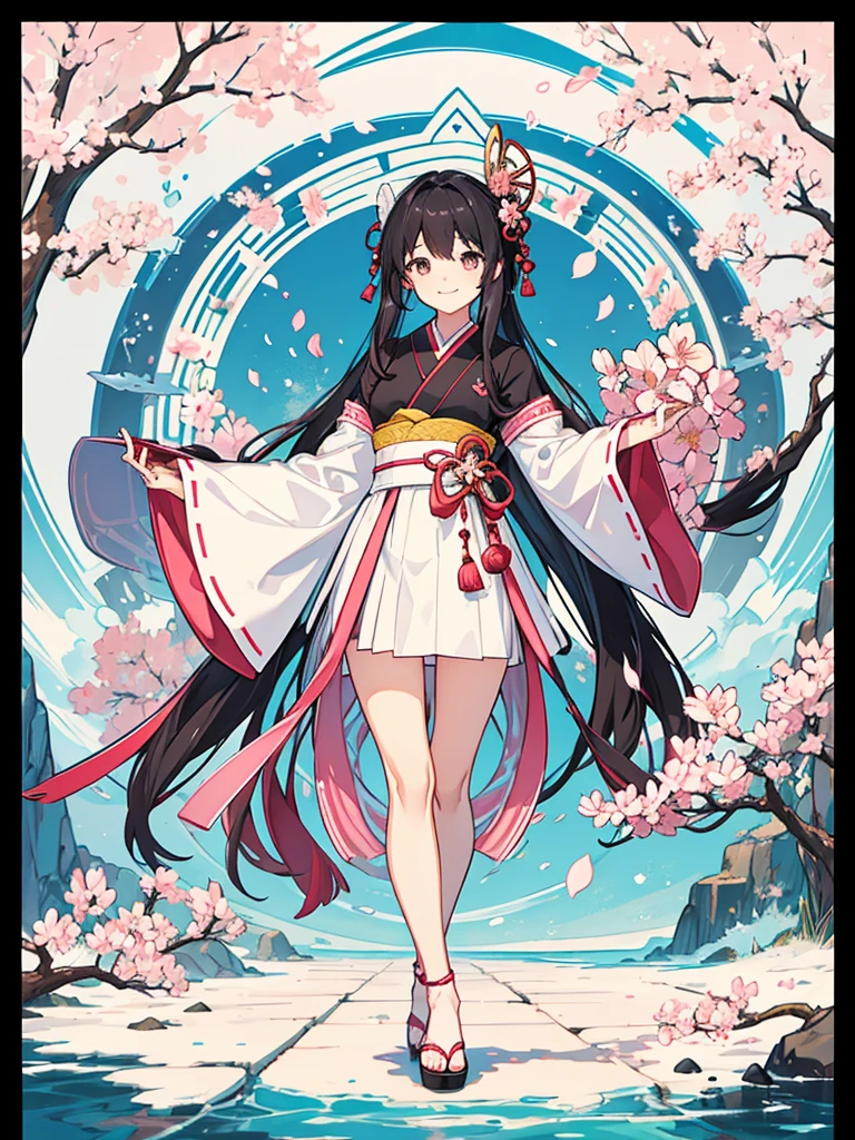 best quality, character design sheet, adult woman、No hat on, Black and pink hair, whole body, Head to Toe, Fortuneteller、Standing facing forward, Beautiful black dress, long Black Hair, whole body, Pure white background, from front, best quality, Standing pose、Cherry blossom pattern、adult、Japanese、Clear eyes、Adult Japanese、Clear eyes、Standing facing forward、The face is facing forward、holding a magic card in hand、White background、Smiling face、Black western dress