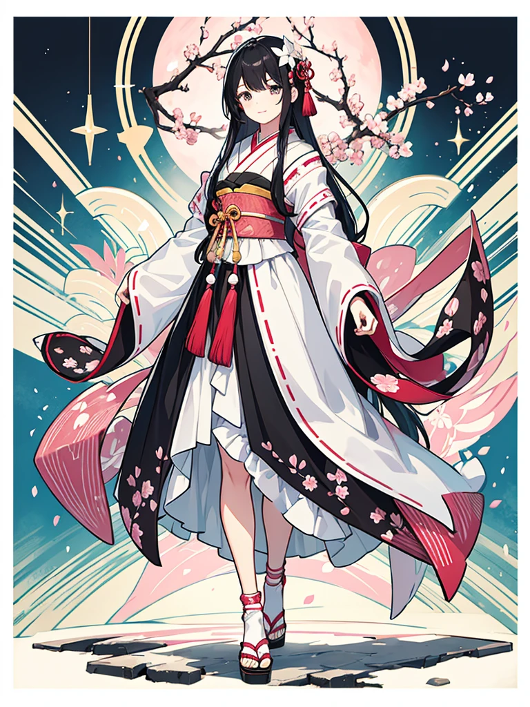 best quality, character design sheet, adult woman、No hat on, Black and pink hair, whole body, Head to Toe, Fortuneteller、Standing facing forward, Beautiful black dress, long Black Hair, whole body, Pure white background, from front, best quality, Standing pose、Cherry blossom pattern、adult、Japanese、Clear eyes、Adult Japanese、Clear eyes、Standing facing forward、The face is facing forward、holding a magic card in hand、White background、Smiling face、Black western dress