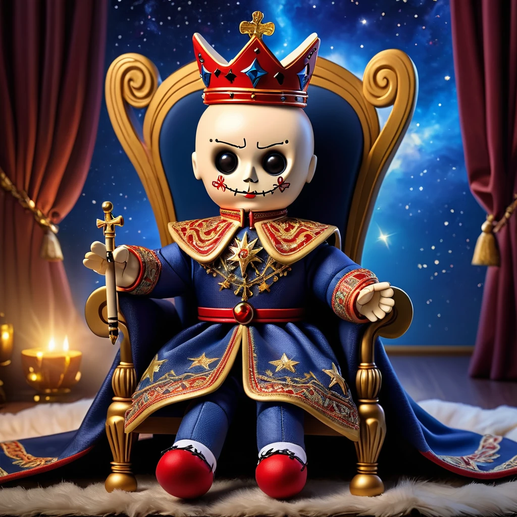 (knitted toy voodoo doll:1.8), (Voodoo Vladimir Putin:1.5), (on the throne:1.3), (Clothing: royal attire with royal insignia, flowing cape:1.0), (Accessories: crown, scepter:1.2), (background: luxurious room full of riches, Russian coat of arms prominently displayed, ethereal light illuminating the stage:1.2), (background: starry night sky with swirling patterns and glowing stars, ethereal light illuminating the scene:1.2), best quality, masterpiece, detailed soft oil painting, detailed background, dramatic cinematic lighting, soft edge lighting, professional, dramatic lighting, hard edge lighting, ultra quality, 4k,masterpiece, best quality, 8k, ultra highres, highres, extremely detailed