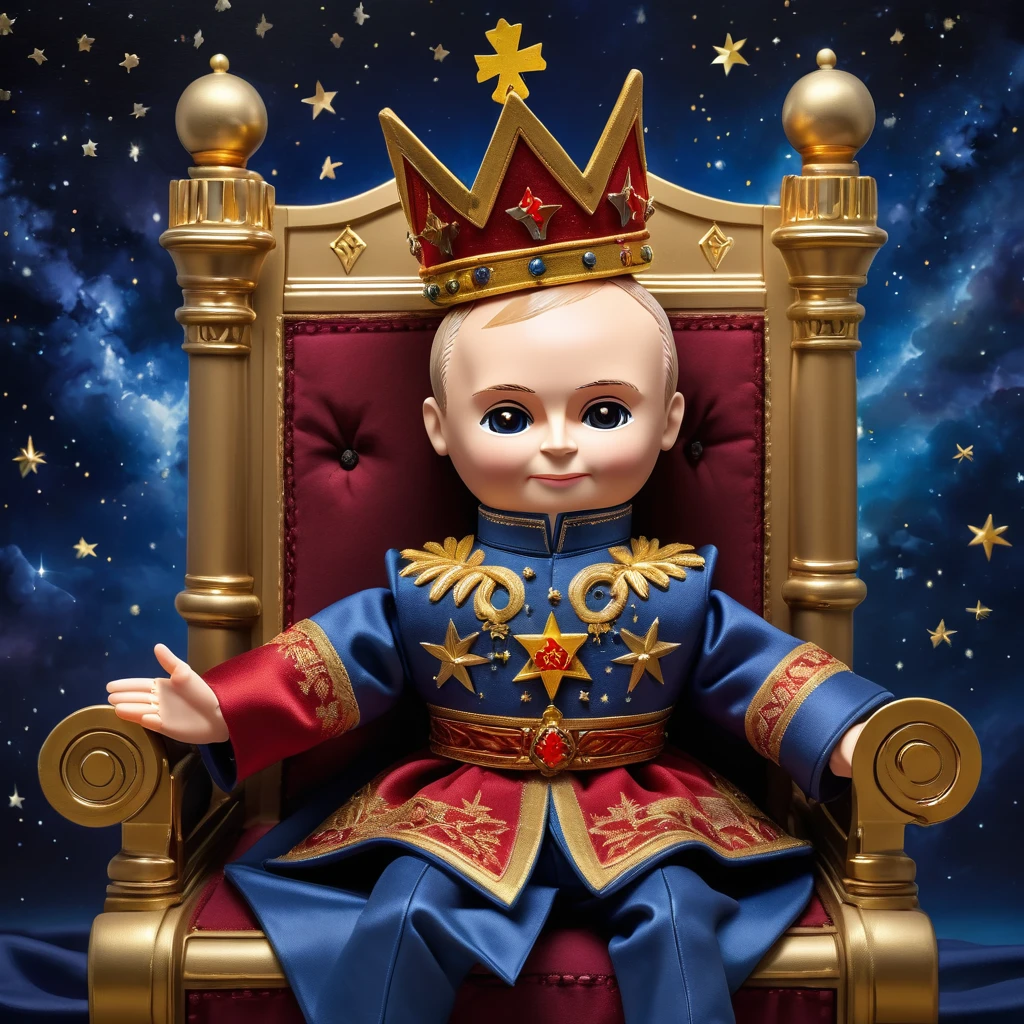 (knitted toy voodoo doll:1.8), (Voodoo Vladimir Putin:1.5), (on the throne:1.3), (Clothing: royal attire with royal insignia, flowing cape:1.0), (Accessories: crown, scepter:1.2), (background: luxurious room full of riches, Russian coat of arms prominently displayed, ethereal light illuminating the stage:1.2), (background: starry night sky with swirling patterns and glowing stars, ethereal light illuminating the scene:1.2), best quality, masterpiece, detailed soft oil painting, detailed background, dramatic cinematic lighting, soft edge lighting, professional, dramatic lighting, hard edge lighting, ultra quality, 4k,masterpiece, best quality, 8k, ultra highres, highres, extremely detailed