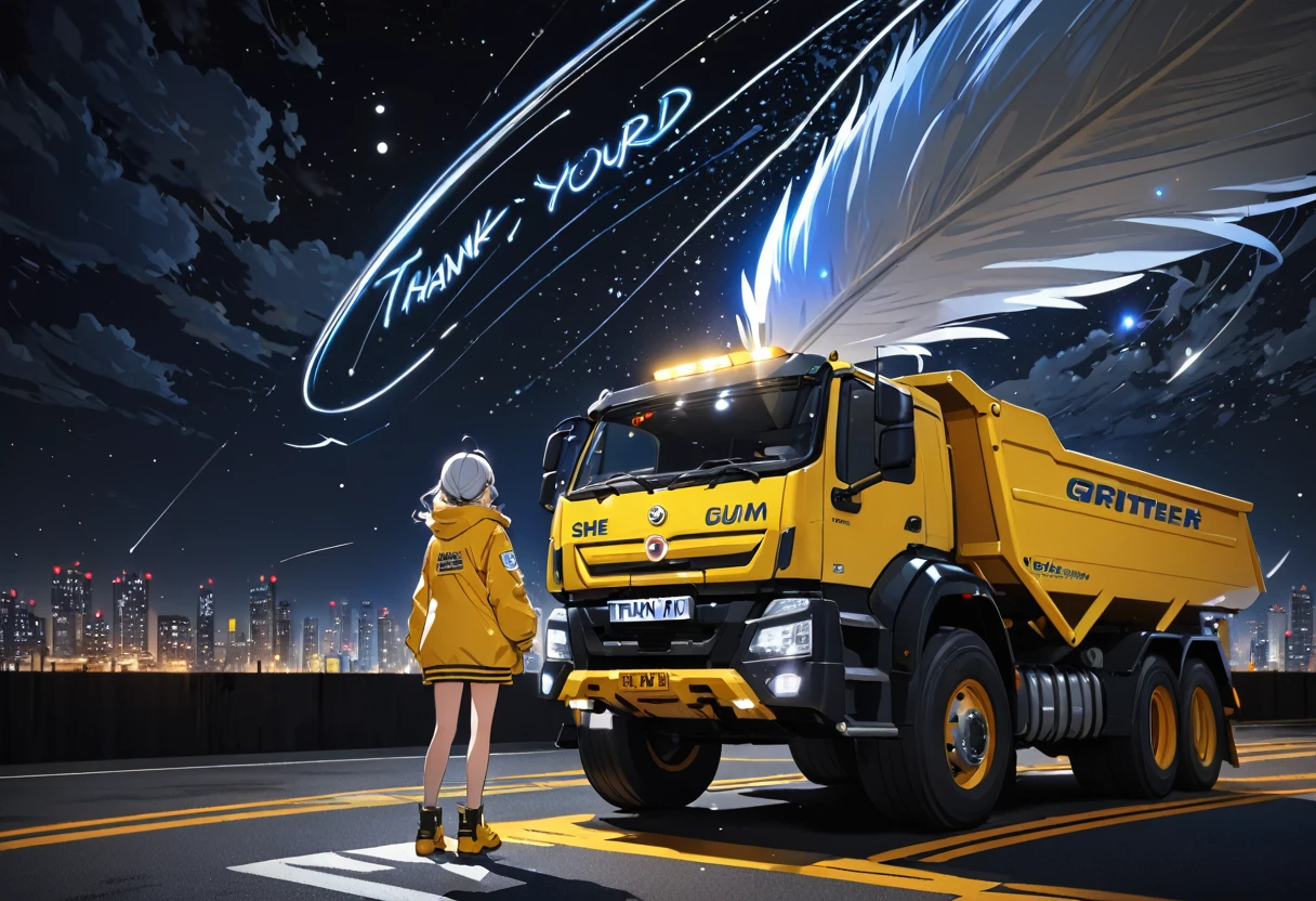 (((zoom out))),8K,((Highest quality)),((high-res)),((shot from behind)),night,She stands front of a black world,dreaming,feather,shiny,gritter,thank you!