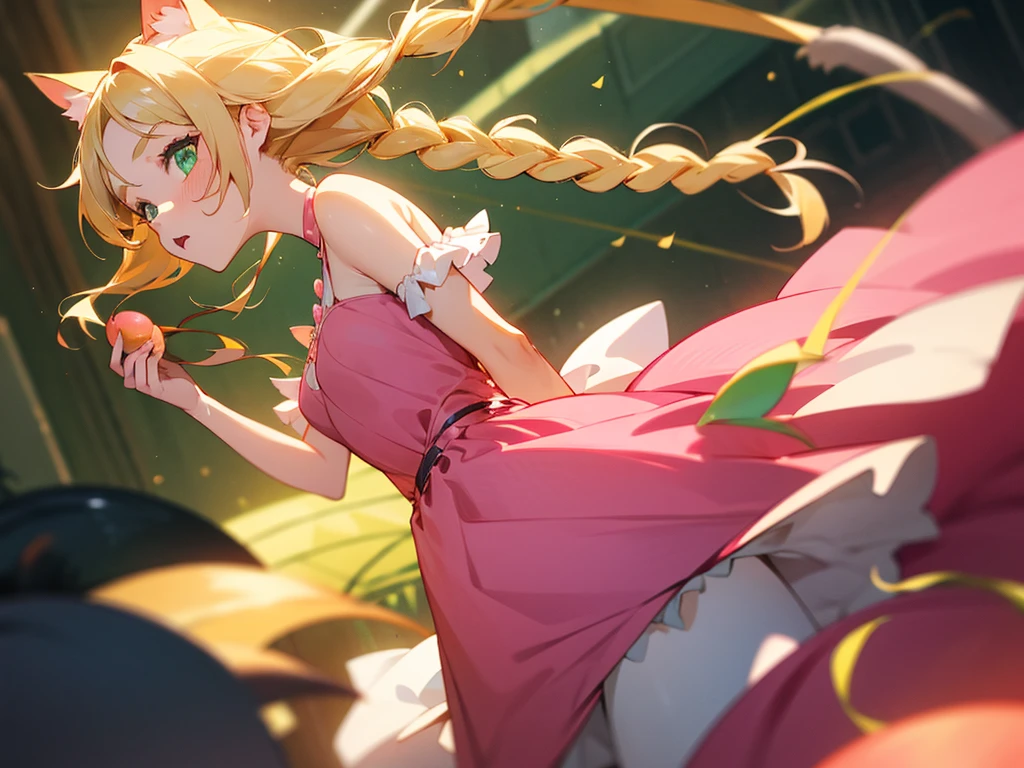 Girl, green eyes, blonde braids, pink drees, with peaches, cat ears and tail