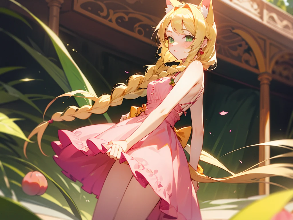 Girl, green eyes, blonde braids, pink drees, with peaches, cat ears and tail