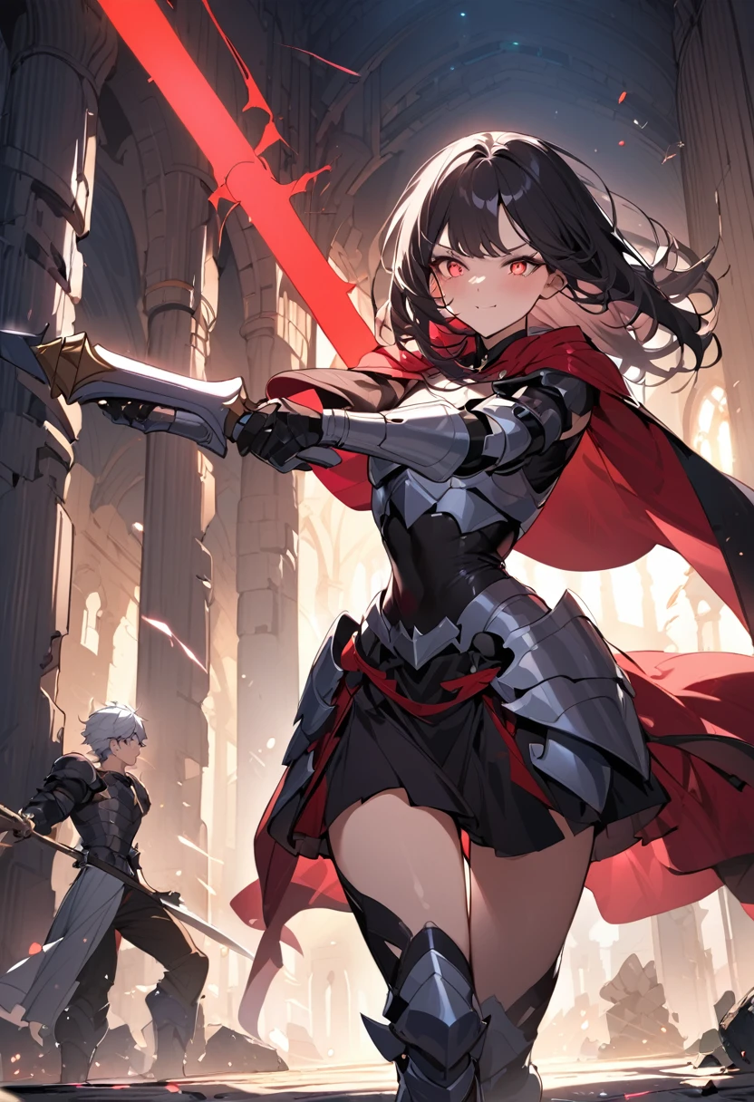 (masterpiece:1.5), best quality, very aesthetic, absurdres, 1boy, 1girl, hero, male, 18 years old, short messy hair, black hair, serious and focused expression, sweating forehead, armor, chest plate, shoulder guards, gauntlets, greaves, red cape, holding sword, forward-leaning, swinging sword, 1girl, beautiful demon queen, female, 17 years old, long straight hair, flowing in the wind, silver hair, confident smile, glowing eyes, black dress, red gemstones, black cape, holding magic staff, jumping backward, casting magic, ruined castle interior, broken walls, floor, old furniture, dim light, illuminated by magic and sword reflection, fallen pillars, scattered debris, sharp focus on subjects, vivid colors, anime style, tension, excitement
