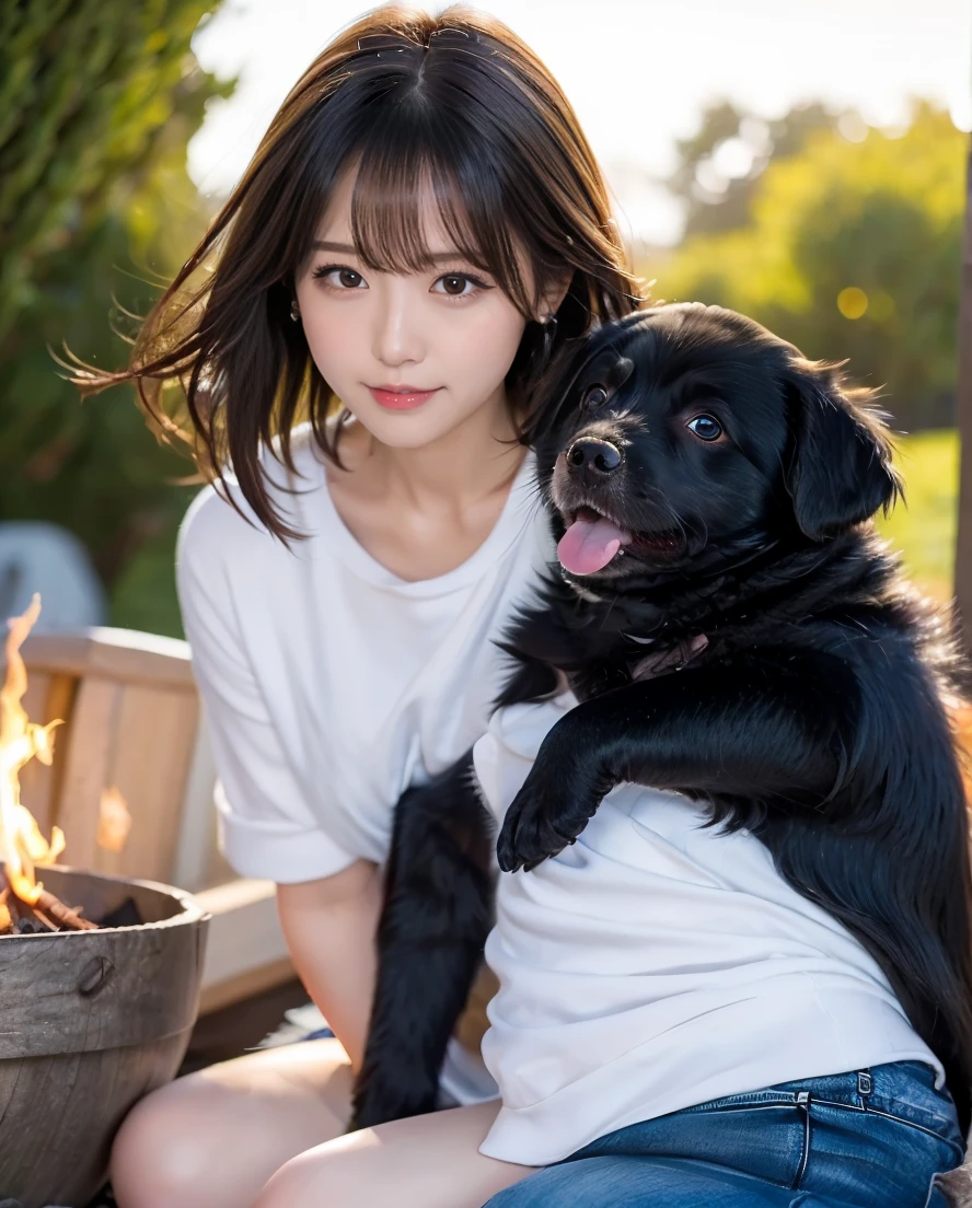 A woman playing with many small black puppies、Stylish white shirt and jeans、Super delicate dog expression、Being with a dog、A girl and a dog warming themselves by a bonfire、Lens flare、Hair blowing in the wind、Medium Hair、、Expressing the whiteness of one's breath、Photo from the waist up、Night city illumination shot、Cowgirl Shot、Fur coat、豪華なグレーのミンクのFur coat、Wear fine leather boots、Luxury Bags、Inner turtleneck、Silver necklace and small silver earrings Millionaire style:1.4))、Full body photo、smile、 Caustics、Highly detailed photos、Very beautiful woman 、Ample breasts、No makeup、(8K、RAW Photos、Highest quality、masterpiece:1.2)、(Realistic、Realistic)、1 Girl、((Medium Short Hair、Midwinter、Cold region Snow falling、The wind is blowing、Fluttering Hair、Blur the background、Colorful illuminations、Looking into the camera:1.4))、