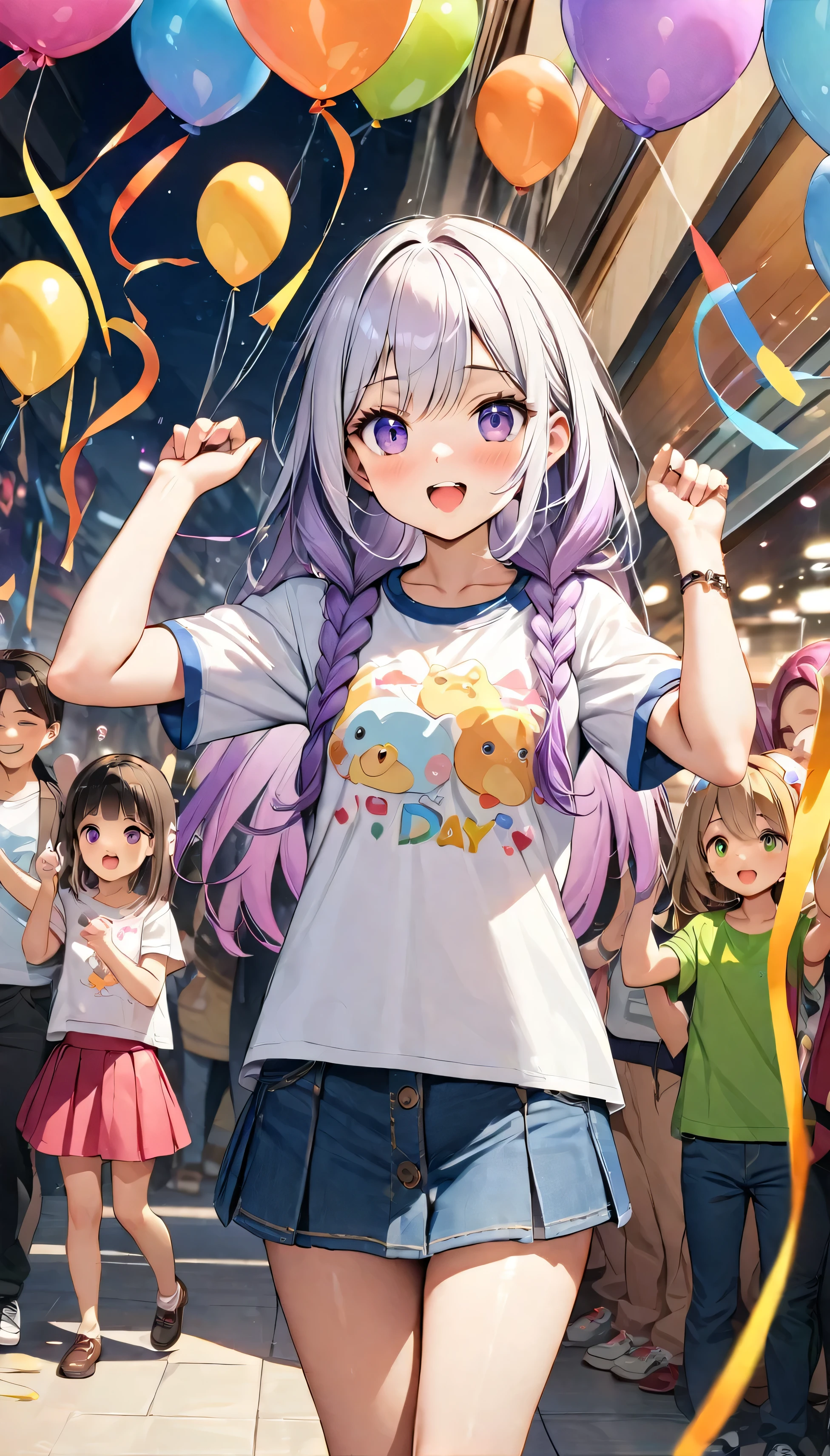 (Best quality, 8K, 32k, masterpiece, Ultra HD:1.3), (Children's Day illustration), Two children in short-sleeved T-shirts and short skirts cheering with hands raised at a high-end shopping mall, yinji, Purple Hair, Purple Eyes, Long hair, White hair, Double braid, Gradient hair, Bright and warm, There are streamers and balloons everywhere., Crowd cheering. Characters make up only a small part of the picture.
