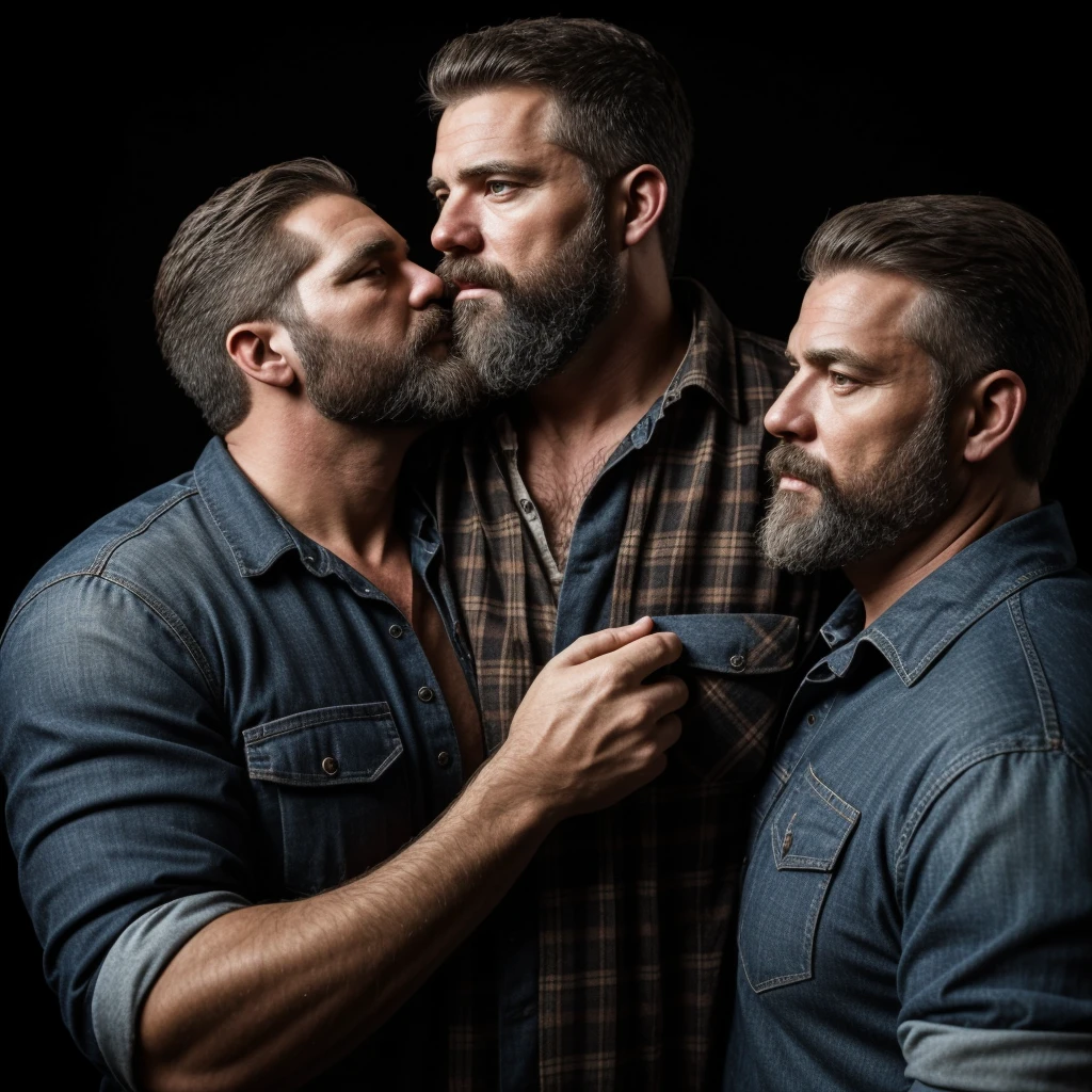 "8KUHD Create a professional studio-style photograph featuring two middle-aged, burly, and rugged men in lumberjack outfit. beards, very realistic hair, very realistic beards, very realistic mens clothing, very realistic detailed mens clothing. They are kissing each other, their real faces almost close, realistically kissing each other, in a romantic and virile scene. Utilize all appropriate lighting techniques for studio photography. The background should be black." HDR
