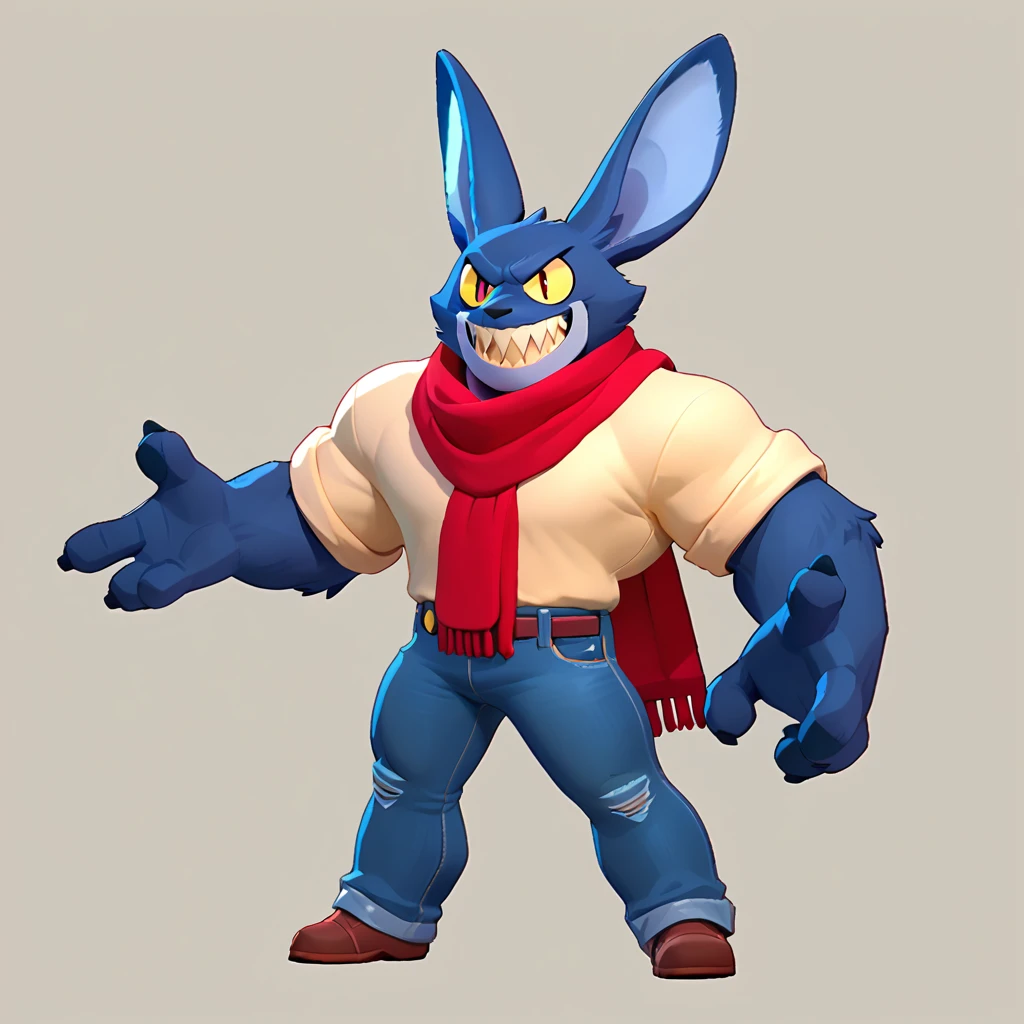 full body view of a muscular, colossal monster, dark blue fur, long ears, sharp teeth, smiling, dressed in jeans and a red scarf