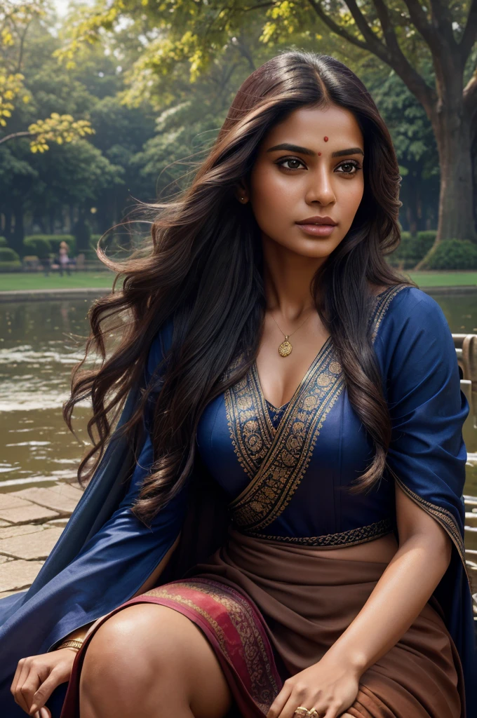 Portrait of A confident-looking indian woman with long flowing hair, hazel eyes, with flowing capes, sitting in the park, perfect composition, hyperrealistic, super detailed, 8k, high quality, trending art, trending on artstation, sharp focus, studio photo, intricate details, highly detailed, art by greg rutkowski