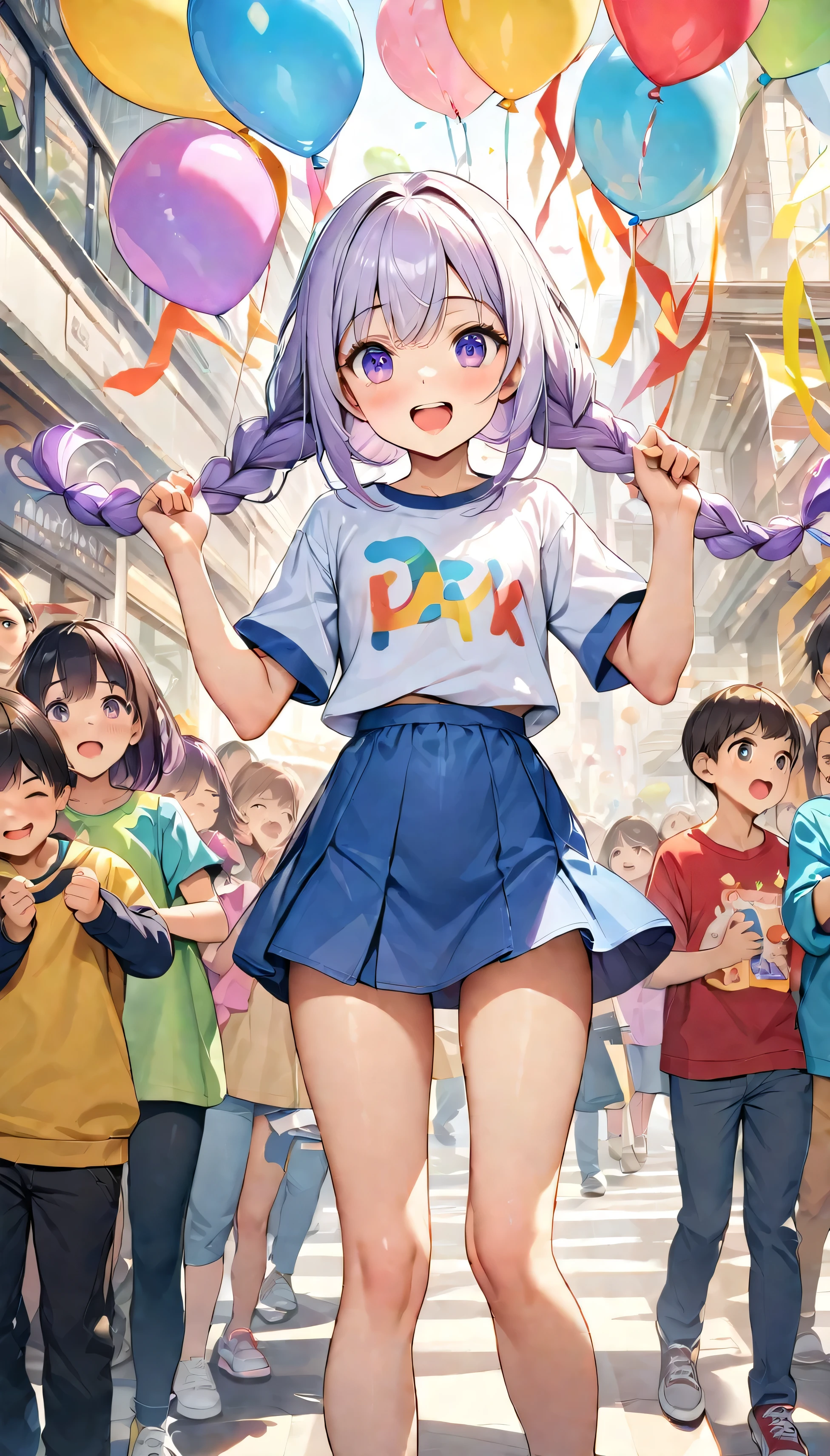 (Best quality, 8K, 32k, masterpiece, Ultra HD:1.3), (Children's Day illustration), Two children in short-sleeved T-shirts and short skirts cheering with hands raised at a high-end shopping mall,  yinji, Purple Hair, Purple Eyes, Long hair, White hair, Double braid, Gradient hair, Bright and warm, There are streamers and balloons everywhere., Crowd cheering. Characters make up only a small part of the picture.