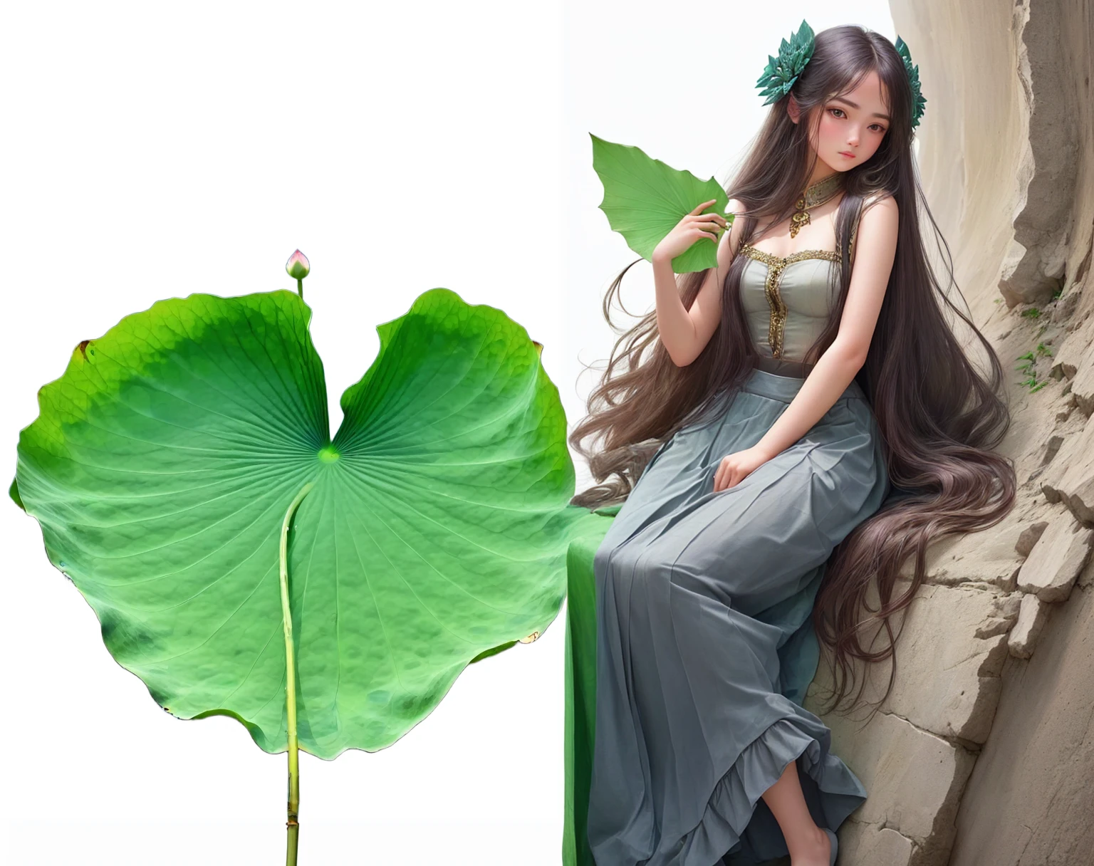A girl leaning on ruffles，Girl in long skirt，Long hair girl，Realistic girl，The girl holds the lotus leaf with one hand，Girl&#39;s curvaceous curves，Chinese Girl，