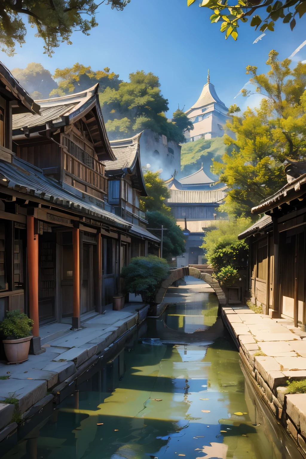 The stone streets of the ancient town are winding, and the old houses with blue bricks and tiles on both sides tell the history. The river runs through the town, with small bridges and willow trees. In the old teahouse, people drink tea and play chess, and street vendors sell traditional snacks. The temple is full of incense, the ancient trees are towering, and the whole ancient town is quiet and warm, full of historical charm. tone,(Best Masterpiece), 8K, (Chinese ancient painting style), (distant view shot)