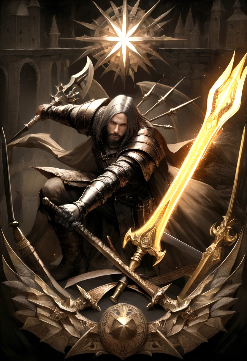 There is a spear,There are stars and black patterns on it, Bright Soul Blade, Glowing Spikes, Parker Blade Styles, raytraced blade, sword, Bright Barracuda, Intricate Fantasy Spear, Sword weapons, Medieval spears, Magic Fury, Realistic Parker,obsidian,siderite。