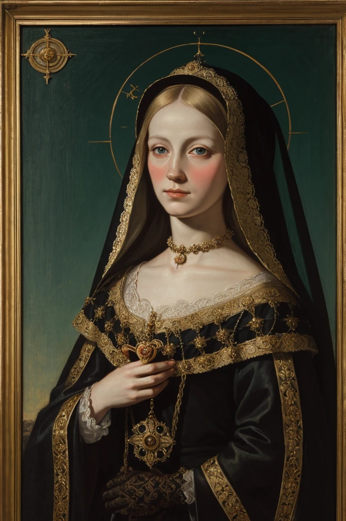 woman pretty, blonde , holding a heart, portrait gracious saint, majestic black veil woman, by Francisco de Holanda, by Francisco de Zurbarán, wearing black dress with short-veil, portrait of hildegard von bingen, francisco de zurbaran, saint, by Bartolomé Esteban Murillo, by Ferdinand Bol, saint woman, inspired by Cristofano Allori