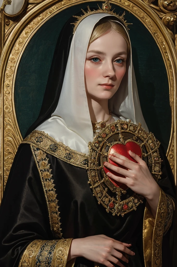 woman pretty, blonde , holding a heart, portrait gracious saint, majestic black veil woman, by Francisco de Holanda, by Francisco de Zurbarán, wearing black dress with short-veil, portrait of hildegard von bingen, francisco de zurbaran, saint, by Bartolomé Esteban Murillo, by Ferdinand Bol, saint woman, inspired by Cristofano Allori