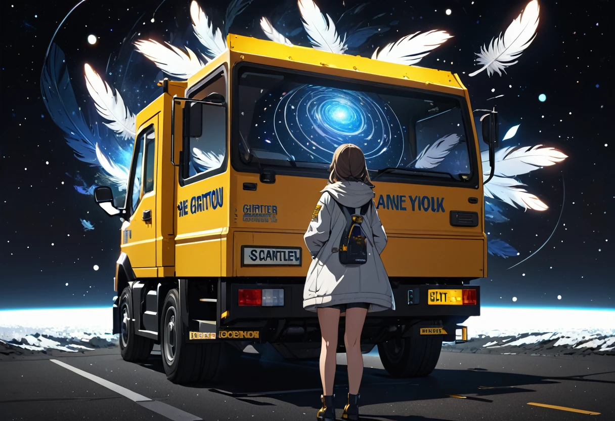 (((zoom out))),8K,((Highest quality)),((high-res)),((shot from behind)),night,She stands front of a black world,dreaming,feather,shiny,gritter,thank you!