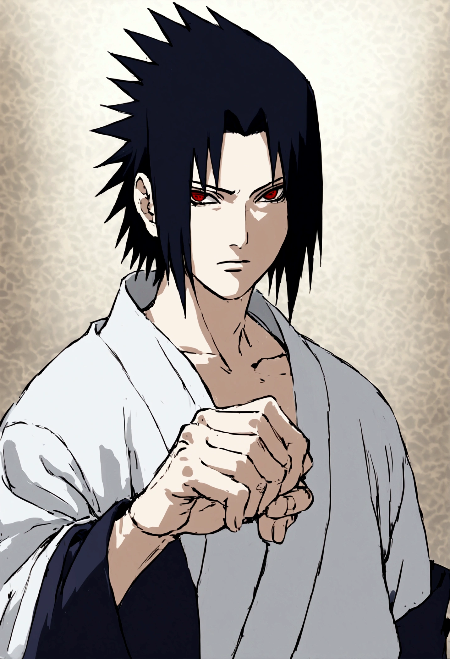 sasuke uchiha, chidori in hand, ready to fight, upper body, sharingan in eyes, uchiha clan