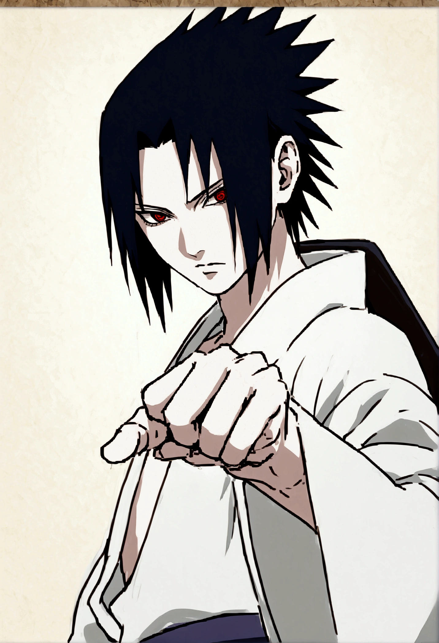 sasuke uchiha, chidori in hand, ready to fight, upper body, sharingan in eyes, uchiha clan