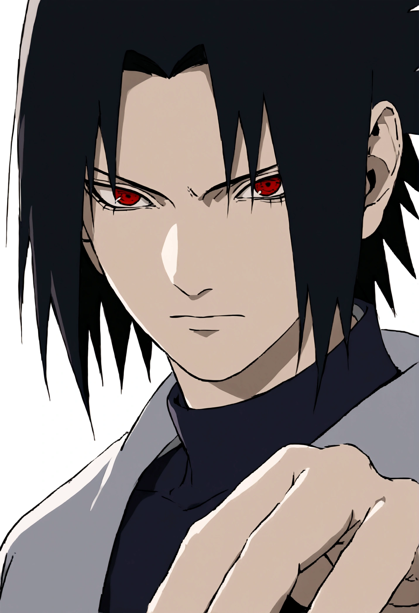 sasuke uchiha, chidori in hand, ready to fight, upper body, sharingan in eyes, uchiha clan