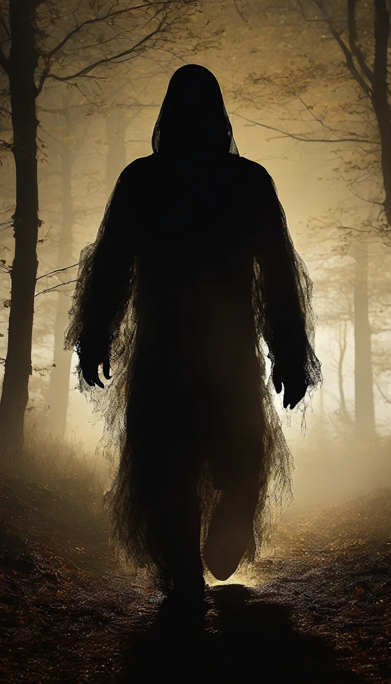Une silhouette sombre et floue sur un fond brumeux, evoking the presence of a ghost or mysterious entity.
