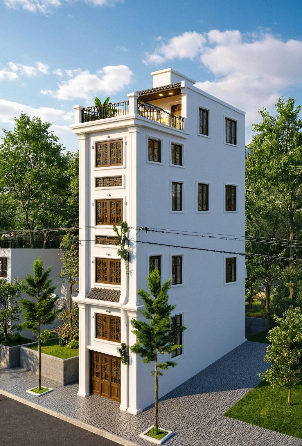 Raw photo,Masterpiece, high quality, best quality, authentic, super detail,
exterior, outdoors, house style indochine on the street ,aiaigroup
road,pavement, grass, trees, sky, cloud, (day:1.1), vivid colour,