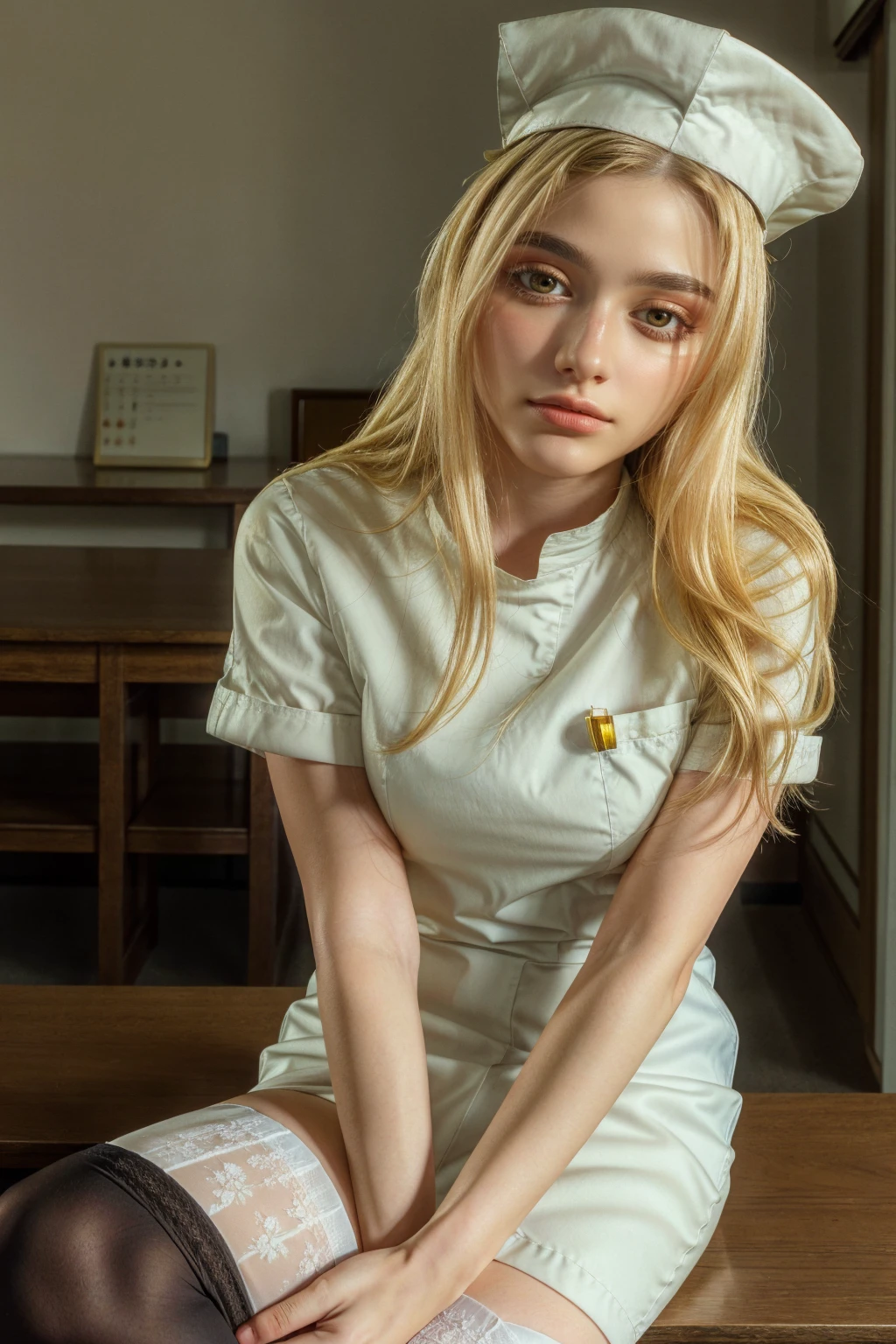 1 girl, best quality, ((Miyo)), tarankaaa, perfect face, beautiful smile, 30 years old, ((nurse attire, nurse cap, thighhighs, gold blonde hair)), ((perfectly drawn hands)), perfect body, white room, hospital, scenery, solo, sitting behind desktop, 32k photograph, ((perfect eyes, detailed eyes,realistic eyes)), ((sharp face, detailed face, realistic face, natural skin, realistic skin, detailed skin, pores)), full body, tone mapping, asian-european, ((masterpiece)), ((highres)), ((detailed background)), mid detailed japanese village background through window, midday, big proportions,