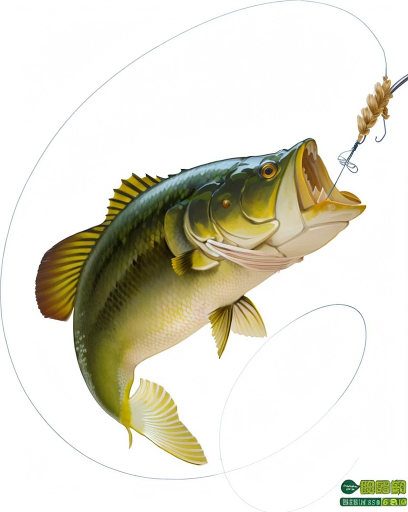 Close-up of fishhook and fishing line, big bass fishing, 高清illustration, 高细节illustration,illustration, 商业illustration, with a very big mouth, 野生动物illustration, Realistic illustration, 全彩illustration, 高细节illustration, sharp 高细节illustration, bass