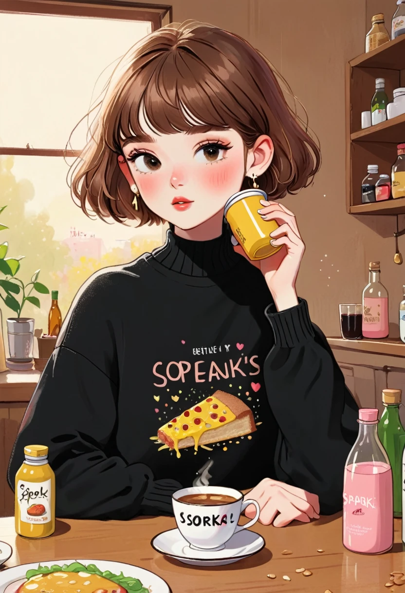masterpiece, Best quality cute doodles, 1 Girl, Solitary, short hair, food, Jewelry, earrings, Long sleeve, black shirt, Bangs, bottle, shirt, sweater, blush, Brown hair, background, English text, spark, cup
