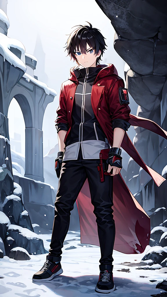 anime,A teenage boy dynamic pose in the cold snow,Serious anime, serious face, walking in the snow,Cave, blood,