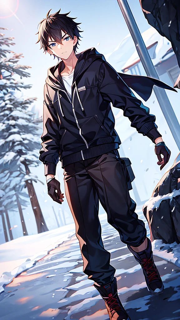 anime,A teenage boy dynamic pose in the cold snow,Serious anime, serious face, walking in the snow,Cave, blood,