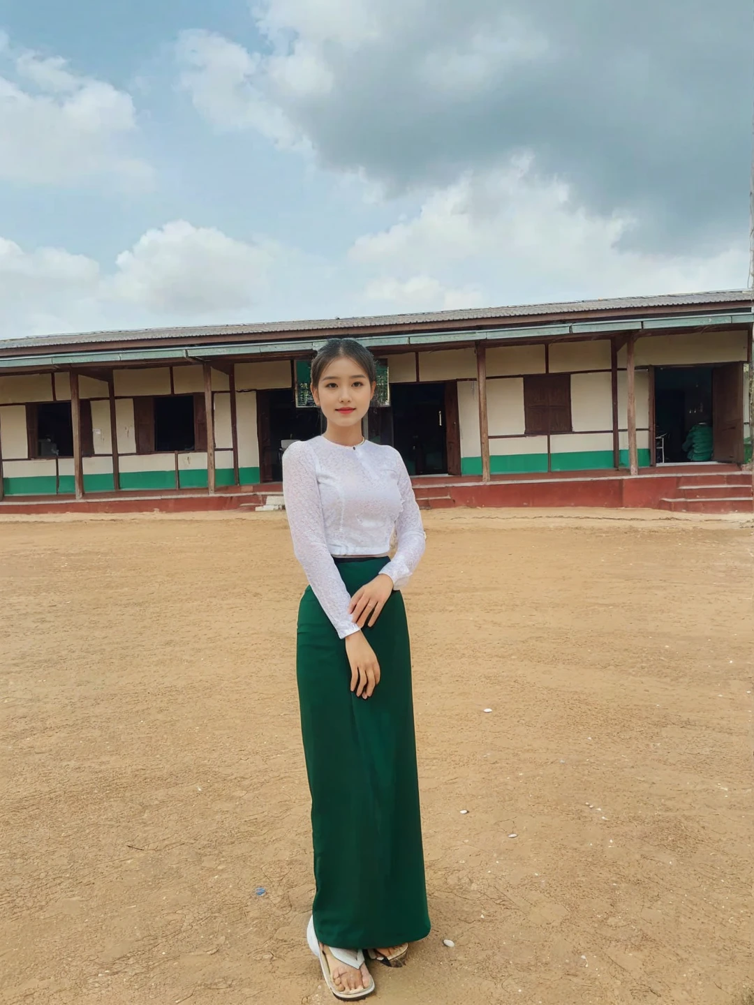 School teachers is 30years old.Tall, thin, big hips, big breasts, black hair, small lips, brown eyes, attractive, K.Top=white Burmese blouse,With long sleeves,Buttoned at the side.Bottom=(Dark green) long skirt.
Footwear=female Burmese sandals,The hair is knotted bun.