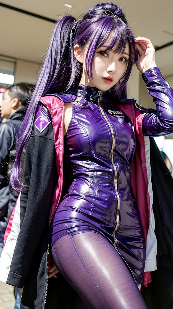 Racing queen suit with open chest and zipper、Racing Queen Skirt、that seem to stick out、Pantyhose、Purple Hair