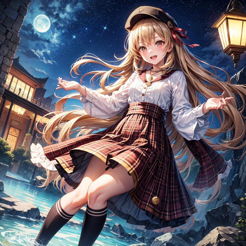 Red, brown, gold, gold hair、Golden Eyes、Hair tied up、One good looking girl、solo、anime、Checkered mini skirt、Ruffles on the skirt、Checked dress、blouse、school uniform、Black knee-high socks、Wearing a baseball cap、Ribbon、Ribbon on waist、Teeth are visible、Silver coin necklace、From above、Cobblestones、waterfall、Starry Sky、Midnight Moon、suspension bridge、Soap bubbles are flying、beam、ripple、Rocks floating in water、Crab walking、Standing still