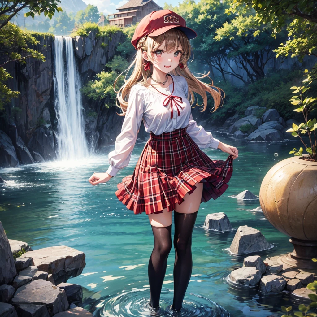 Red, brown, gold, gold hair、Golden Eyes、Hair tied up、One good looking girl、solo、anime、Checkered mini skirt、Ruffles on the skirt、Checked dress、blouse、school uniform、Black knee-high socks、Wearing a baseball cap、Ribbon、Ribbon on waist、Teeth are visible、Silver coin necklace、From above、Cobblestones、waterfall、Starry Sky、Midnight Moon、suspension bridge、Soap bubbles are flying、beam、ripple、Rocks floating in water、Crab walking、Standing still