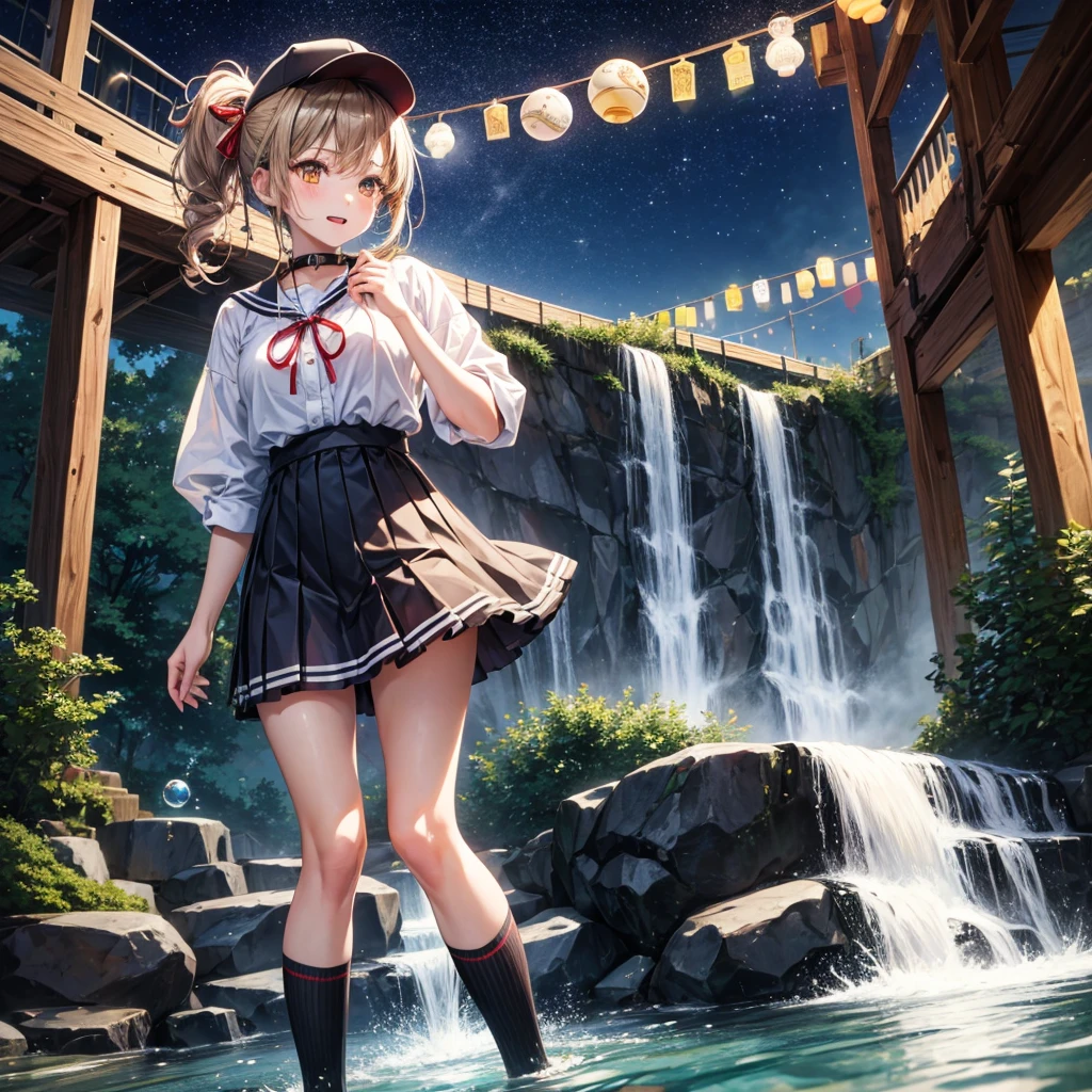 Red, brown, gold, gold hair、Golden Eyes、Hair tied up、One good looking girl、solo、anime、Checkered mini skirt、Ruffles on the skirt、Checked dress、blouse、school uniform、Black knee-high socks、Wearing a baseball cap、Ribbon、Ribbon on waist、Teeth are visible、Silver coin necklace、From above、Cobblestones、waterfall、Starry Sky、Midnight Moon、suspension bridge、Soap bubbles are flying、beam、ripple、Rocks floating in water、Crab walking、Standing still