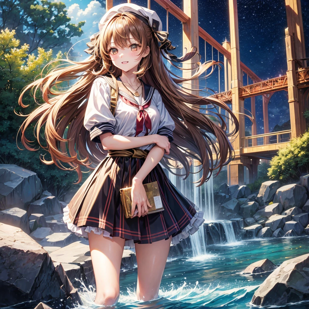 Red, brown, gold, gold hair、Golden Eyes、Hair tied up、One good looking girl、solo、anime、Checkered mini skirt、Ruffles on the skirt、Checked dress、blouse、school uniform、Black knee-high socks、Wearing a baseball cap、Ribbon、Ribbon on waist、Teeth are visible、Silver coin necklace、From above、Cobblestones、waterfall、Starry Sky、Midnight Moon、suspension bridge、Soap bubbles are flying、beam、ripple、Rocks floating in water、Crab walking、Standing still